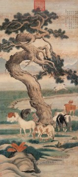  horses Oil Painting - Lang shining eight horses under tree old Chinese